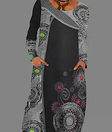 ieftine -Pentru femei Rochii Midi Rochie A line Casual În aer liber Ieșire Fit regulat Grafic Bloc Culoare Manșon Lung Crewneck Roșu Vin Albastru piscină Trifoi Gri Primăvară Toamnă