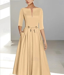 abordables -Robe de cocktail en A élégante robe invitée de mariage longueur cheville manches courtes col illusion poche en satin avec nœud(s)