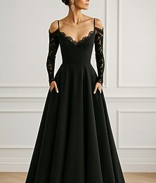 abordables -Robe de soirée noire trapèze élégante, robe de soirée formelle, longueur au sol, manches longues, épaules dénudées, cape en dentelle avec poche, 2025