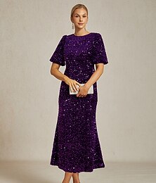 olcso -Női Midi ruha Hüvelyruha Elegáns Esküvő Parti Flitter Rövid ujjú Terített nyak Padlizsán Tavasz Ősz Tél