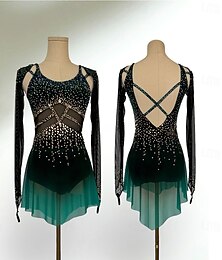 Недорогие -Платье для фигурного катания Жен. Девочки Катание на коньках Платья Темно-зеленый Пэчворк Открытая спина Сетка Спандекс Эластичность Учебный Соревнование Одежда для фигурного катания Классика Стразы