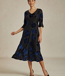 preiswerte -Damen-Midikleid, A-Linie, elegant, für Geburtstage, Cocktails, Hochzeitsgäste, Samt, für tägliche Cocktailpartys, normale Passform, geblümt, halbe Ärmel, V-Ausschnitt, Marineblau, Frühling, Herbst,