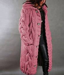 abordables -Femmes Pull Cardigan Élégant Mode Streetwear Couleur Unie Côtelé Col de chemise À capuche Avec Poches Tricoté manche longue Hauts Longs Tricoter Extérieur Quotidien Week-end Jaune Rose Claire Automne