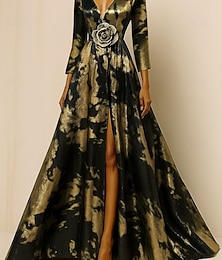 abordables -Ligne A Robe de Soirée Élégant Robe de soirée Formel Mariage Longueur au sol Demi Manches Col en V Poche Nylon avec Imprimé floral 2025