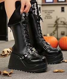 levne -Dámské černé gotické platformové šněrovací kozačky – punkové vysoké klínové boty s přezkou a lebkou na halloweenský cosplay, koncerty a alternativní streetwear