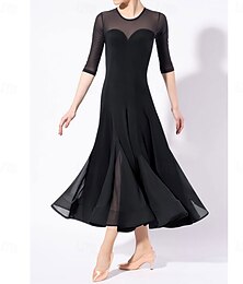preiswerte -Schwarzes Gesellschaftstanzkleid für Damen mit transparentem, ausgestelltem Rock und herzförmigem Oberteil – ideal für lateinamerikanische, Salsa- und Gesellschaftstanzaufführungen