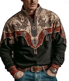 abordables -Homme Tribal Cowboy Sweatshirt Ethnique Vintage Rétro manche longue Col montant Extérieur Travail Cadeau Marron Kaki Marron 2 Fermeture éclair Automne Hiver Designer S M L XL XXL XXXL