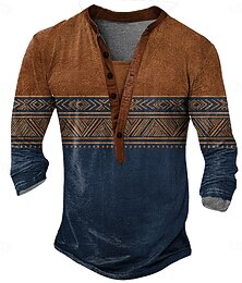 levne -Pánské Geometrický Geleneksel Tričko Tričko Henley Dlouhý rukáv Designové Retro Geleneksel ulice Ležérní Denní Léto Jaro Podzim Tmavěhnědá Zelená Vodní modrá Khaki Henley Tričko Henley