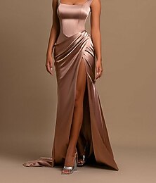 זול -שמלות ערב ערפדיות שמלת ערב גבוהה חתונה אורחת מסיבת קוקטייל באורך רצפה ללא שרוולים צוואר עגול שמלת אמיצה סטן עם קפל