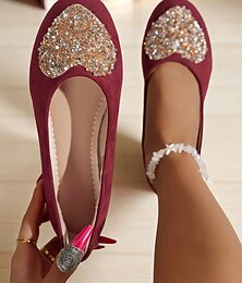 abordables -Ballerines en simili-daim bordeaux pour femme avec strass en forme de cœur scintillant – chaussures habillées chics pour dames, idéales pour les fêtes de Noël et les tenues quotidiennes