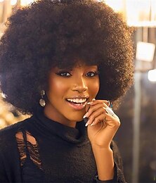 preiswerte -70er Jahre Afro-Perücke für Frauen, naturschwarz, kurz, Afro, kinky, lockig, klebefrei, synthetische Perücke mit Pony, bauschig &flauschige, federnde Afro-Perücke für die tägliche Cosplay-Party