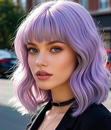 abordables -Perruque violette avec frange, coupe courte et ondulée, synthétique, mi-longue, bouclée, pour déguisement d'Halloween, cosplay, tous les jours.