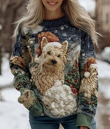 Недорогие -Жен. Вязаная ткань Мода На каждый день Графика Животное Вырез под горло Трикотаж Длинный рукав Обычные топы Вязать Офис Повседневные Белый Синий Осень Зима