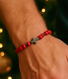 abordables -Bracelet homme en perles de pierre naturelle avec breloque croix, bracelet extensible réglable, bijoux spirituels pour cadeau de Noël, fêtes et usage quotidien