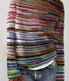 abordables -Femmes Pull Occasionnel Graphique Rayé Col ras du cou Patchwork Tricoté manche longue Hauts Réguliers Tricoter Travail Bleu Vert Automne Hiver