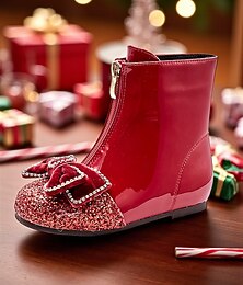 preiswerte -Rote Glitzer-Schleifenstiefel für Mädchen – glänzende Lacklederstiefeletten mit Strass-Details für Partys und zum Ausgehen