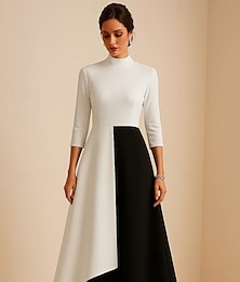 preiswerte -schwarz-weißes A-Linien-Abendkleid, elegantes Abendkleid, formelle Hochzeit, knielang, 3/4-Ärmel, hoher Halsausschnitt, Stretch-Krepp mit Rüschen, 2025