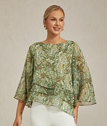 abordables -Chemisier femme vert motif cachemire fleuri superposé manches 3/4 coupe ample col bateau rond décontracté élégant printemps été