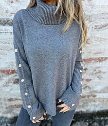 abordables -Femmes Pull Mode Streetwear Occasionnel Couleur Unie Côtelé Col roulé Tricoté manche longue Hauts Réguliers Tricoter Extérieur Quotidien Week-end Gris foncé Automne Hiver