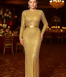 ieftine -Rochie de seară elegantă, tip sirenă / trompetă, cu paiete aurii și mărgele, model teacă / coloană, rochie de seară formală, lungime până la podea, mânecă lungă, decolteu rotund, paiete cu modele