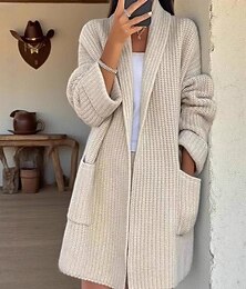 abordables -Femmes Pull Cardigan Streetwear Occasionnel Couleur Unie Col de chemise Avec Poches Tricoté manche longue Hauts Longs Tricoter Quotidien Fête Sortir Abricot Automne Hiver