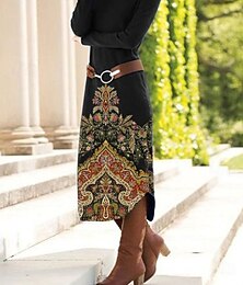 preiswerte -Damen Maxikleid Etui-Kleid Shiftkleid Party Lässig Boho Party Hochzeitsgast Täglich Normale Passform Blumen Grafik Paisley-Muster Langarm Rundhalsausschnitt Schwarz Braun Grün Frühling Herbst Winter