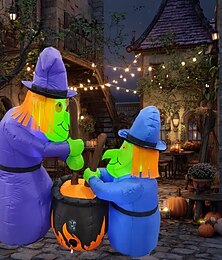 abordables -1 pc 1.5m/5ft Halloween deux pots de mélange de sorcière LED avec lumière gonflable modèle d'air intérieur et extérieur cour pelouse jardin fête atmosphère lumière décorative prise EU/US/UK/AU