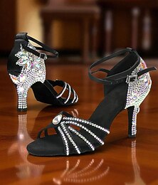 voordelige -Zwarte latin dansschoenen met strass steentjes voor dames - glinsterende ballroomfeesthakken met enkelbandje voor salsa, rumba en avondevenementen