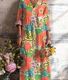 economico -Pasqua Per donna Abito Midi Vestito Estivo Abito a trapezio Vacanza Casual Boho Uscire Spiaggia Vestibilità comoda Floreale Grafico Geometrico Manica Lunga Scollo a V Giallo Rosa Arancione Verde