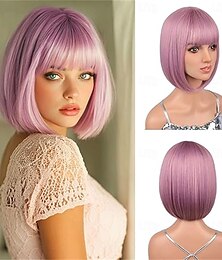 economico -Parrucca corta da 12 pollici rosa mista viola con frangia, parrucca colorata per cosplay quotidiano di Halloween &parrucche sintetiche lisce resistenti al calore per feste cosplay per donne viola rosa