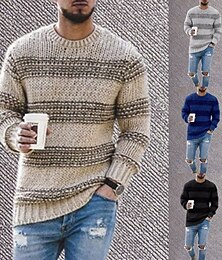 preiswerte -Herren Pullover Gerippt Stricken Normale Oberteile Patchwork Gestrickt Einfach Rundhalsausschnitt Strickware Zeitgenössisch Lässig Alltagskleidung Bekleidung Herbst Schwarz Blau S M L
