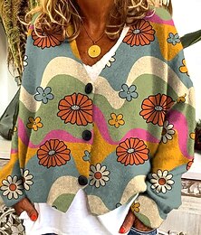 billiga -Dam Tröja Kofta Elegant Vintage Mode Blommig V-hals Ficka Stickat Mönster Långärmad Vanliga toppar Sticka Utomhus Dagligen Helgen Purpur Orange Höst Vinter