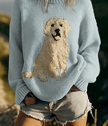 billiga -damtröja pullover golden retriever dagligt casual grafisk djur ribbad rund hals stickad tryck långärmad vanlig toppar stickad utomhus helg svart rosa höst vinter