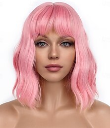 preiswerte -Bob-Perücken mit Pony für Frauen, lockere, gewellte Perücke, pastellfarbene, gewellte, schulterlange Bob-Perücke aus synthetischer Cosplay-Perücke für Mädchen, bunte Kostümperücken
