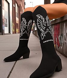 olcso -női fekete kötött térdig érő csizma hímzett western mintával – kényelmes, blokk sarkú cowboy stílusú csizma hétköznapi utcai viseletre és fesztiválokra