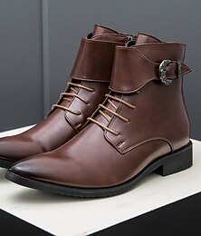 preiswerte -Braune Herren-Stiefeletten aus Kunstleder mit Schnalle und Schnürung, stilvolles Schuhwerk für Business Casual, Smart Casual und Abendveranstaltungen