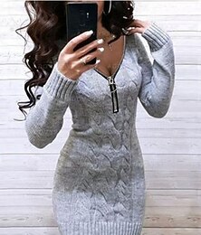 abordables -Femmes Pull Robe pull Occasionnel Doux Couleur Unie Côtelé Col en V Fermeture éclair Tricoté manche longue Hauts Longs Tricoter Extérieur Soirée Quotidien Vin Vert Véronèse Automne Hiver