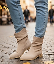abordables -Botines holgados de ante beige para mujer: botines estilo western de tacón bajo, informales y cómodos
