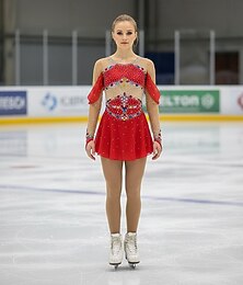 preiswerte -Eiskunstlaufkleid Damen Mädchen Eislaufen Kleid Rot Patchwork Daumenloch Netzstoff Spandex Dehnbar Training Übung Professionell Eiskunstlaufkleidung Thermowarm Kristall / Strass Langarm Eislaufen