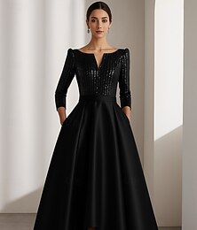 abordables -Robe de soirée trapèze à paillettes noires et rouges, élégante robe de soirée formelle, longueur au sol, manches longues, col en V, satin avec plis pailletés, 2025