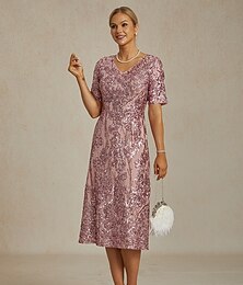 olcso -Női Flitteres Midi Ruha Shift Ruha Elegáns Hímzett Csillogó Sparkly Party Esküvői Party Normál Illeszkedés Virágos Rövid Ujjú V Nyak Púder Rózsaszín Tavasz Ősz Tél