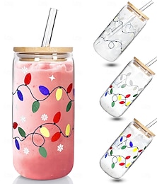 billiga -färgskiftande julkopp, söt färgskiftande glaskopp, läckagesäkert lock av bambu &Stålsugrör, återanvändbar resemugg för iskaffe, smoothie, cocktail, julfestdekoration, presentmugg