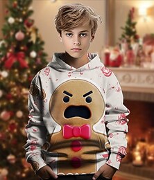 economico -Natale Ragazzi 3D Grafico Omino di marzapane Felpa con Cappuccio Manica Lunga Primavera Autunno Moda Streetwear Bambini 4-12 Anni Con cappuccio All'aperto Casuale Quotidiano Vestibilità regolare