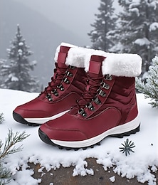 voordelige -Waterdichte wintersneeuwlaarzen voor dames in bordeauxrood met voering van imitatiebont, veterschoenen voor buiten, warme enkelschoenen voor koud weer