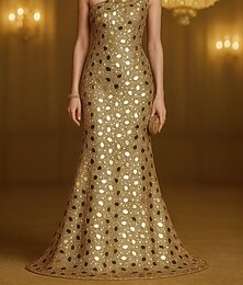 abordables -Robe de soirée sirène/trompette bleu or élégante robe de soirée formelle mariage longueur au sol manches courtes une épaule poche paillettes avec paillettes 2025