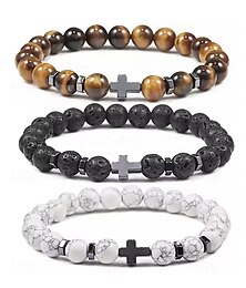 abordables -Bracelet homme en perles de pierre naturelle avec breloque croix, bracelet extensible réglable, bijoux spirituels pour cadeau de Noël, fêtes et usage quotidien