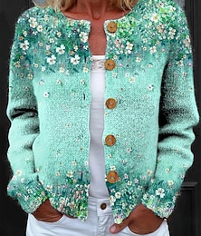 abordables -Femmes Cardigan Mode Quotidien Occasionnel Fleuri Graphique Côtelé Col ras du cou Boutons Imprimé manche longue Hauts Réguliers Tricoter Extérieur Quotidien Date Rose Claire Bleu Printemps Automne