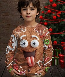 billiga -Jul Pojkar 3D Grafisk Tecknat Pepparkakor män T-shirt Långärmad Vår Höst Mode Grundläggande Barn 4-12 år Rund hals Utomhus Ledigt Dagligen Normal