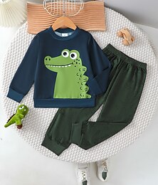 billiga -2 delar Småbarn Pojkar T-shirt och byxa Utrusta Dinosaurie Långärmad Crewneck Uppsättning Skola Mode Dagligen Höst Vinter 4-7 år Armégrön