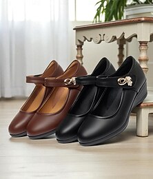 ieftine -Pantofi de lucru Mary Jane confortabili pentru femei cu toc plat jos - negri &Balerini de birou din piele ecologică maro cu cataramă decorativă, pentru mersul zilnic, ore lungi în picioare și ținute